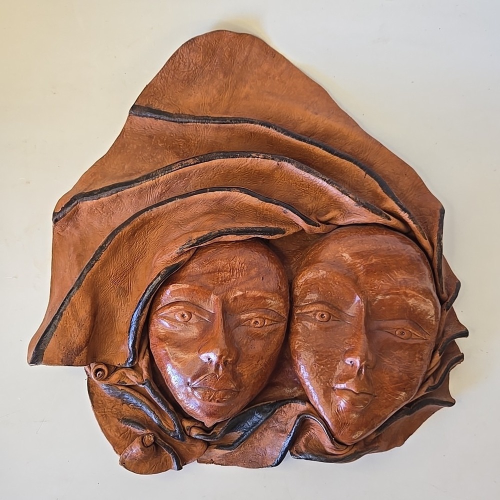 Women Double Face 3D Molded  Handmade‎ Leather Folk Art Sculpture Wall Decor